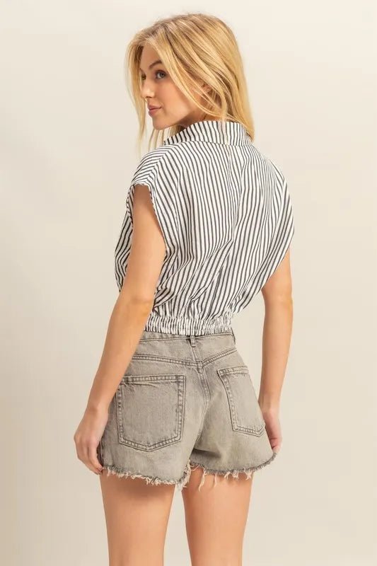 HYFVE Striped Elastic Hem Johnny Collar Cap Sleeve Blouse - Love Salve